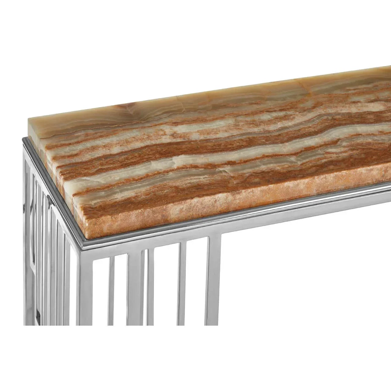 Brown marble console table with chrome metal frame, close-up of stone top and leg detail