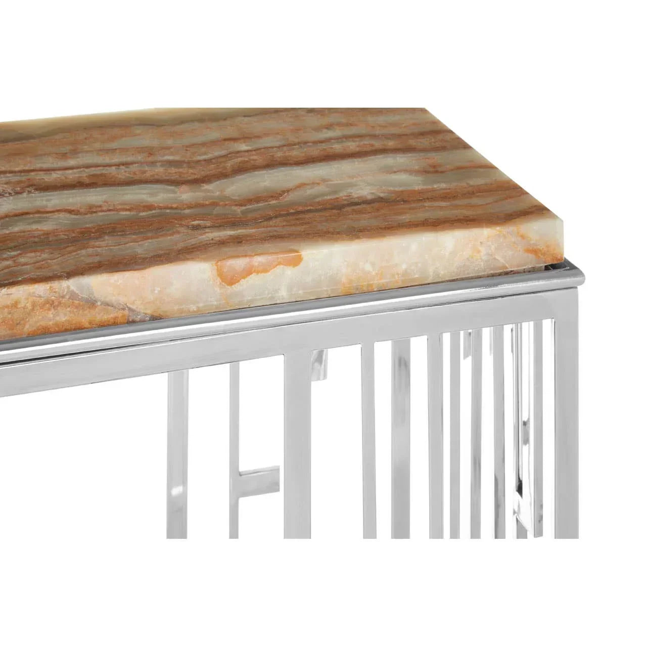 Marble top coffee table with chrome metal frame, close view of surface and corner detail