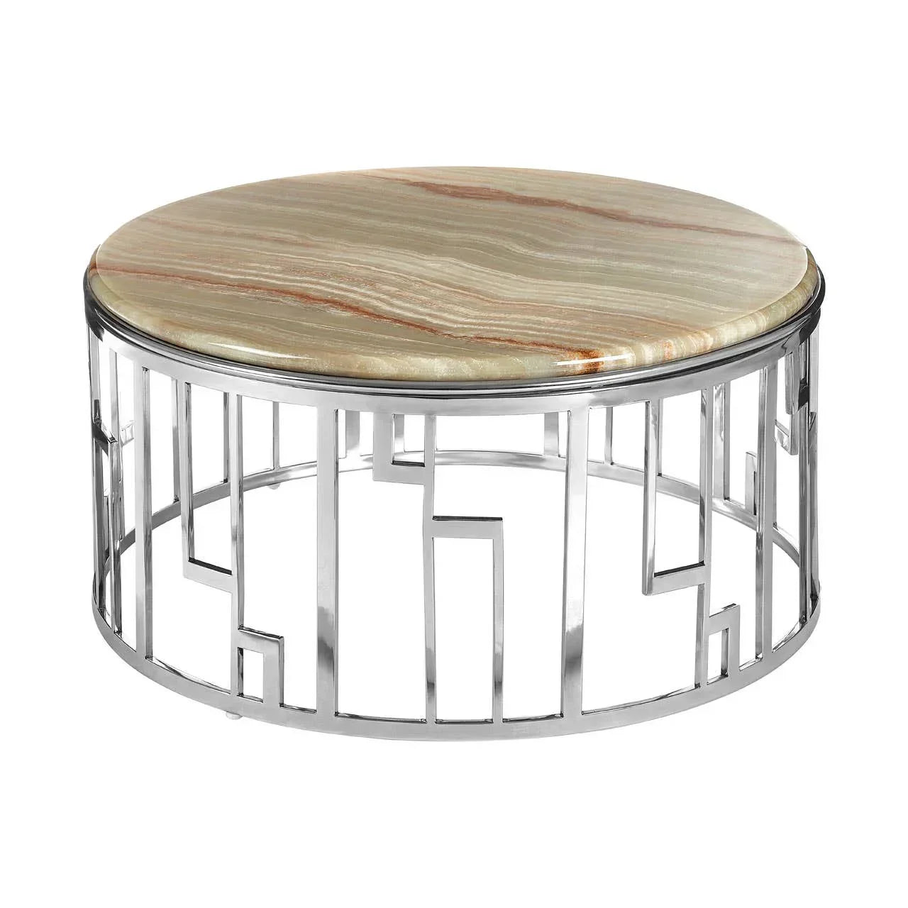 Round coffee table with marble top and chrome geometric metal base