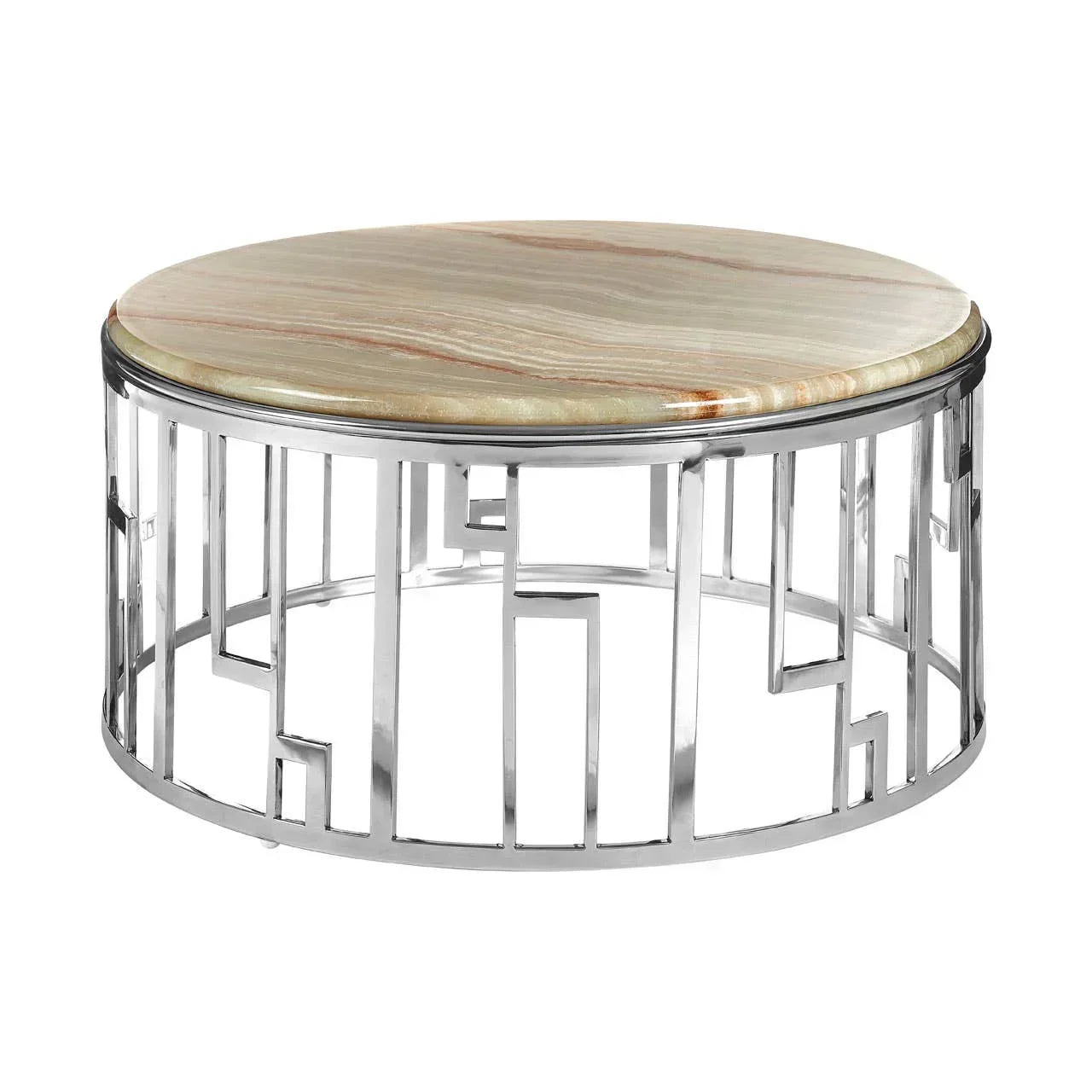 Round coffee table with polished stone top and geometric chrome metal base