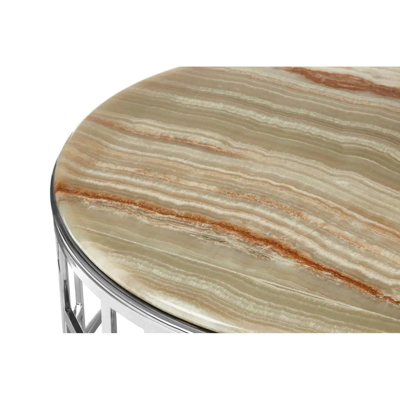 Round marble top coffee table with chrome metal frame, close detail of stone pattern