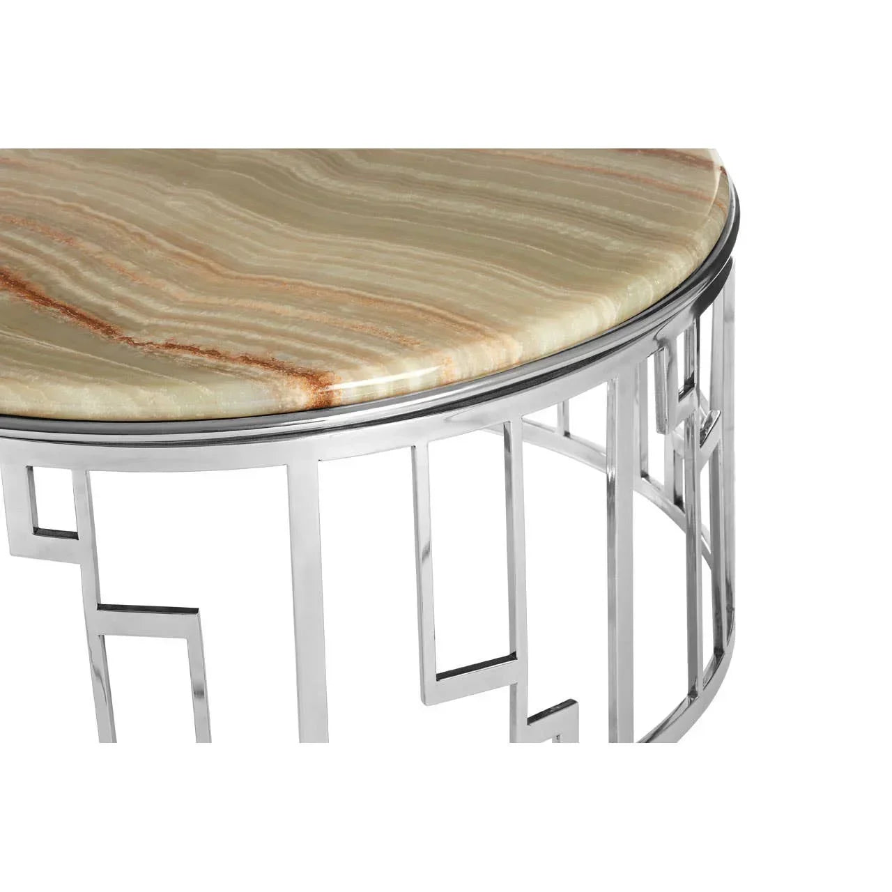Round marble coffee table with geometric chrome metal base, close-up of top and frame