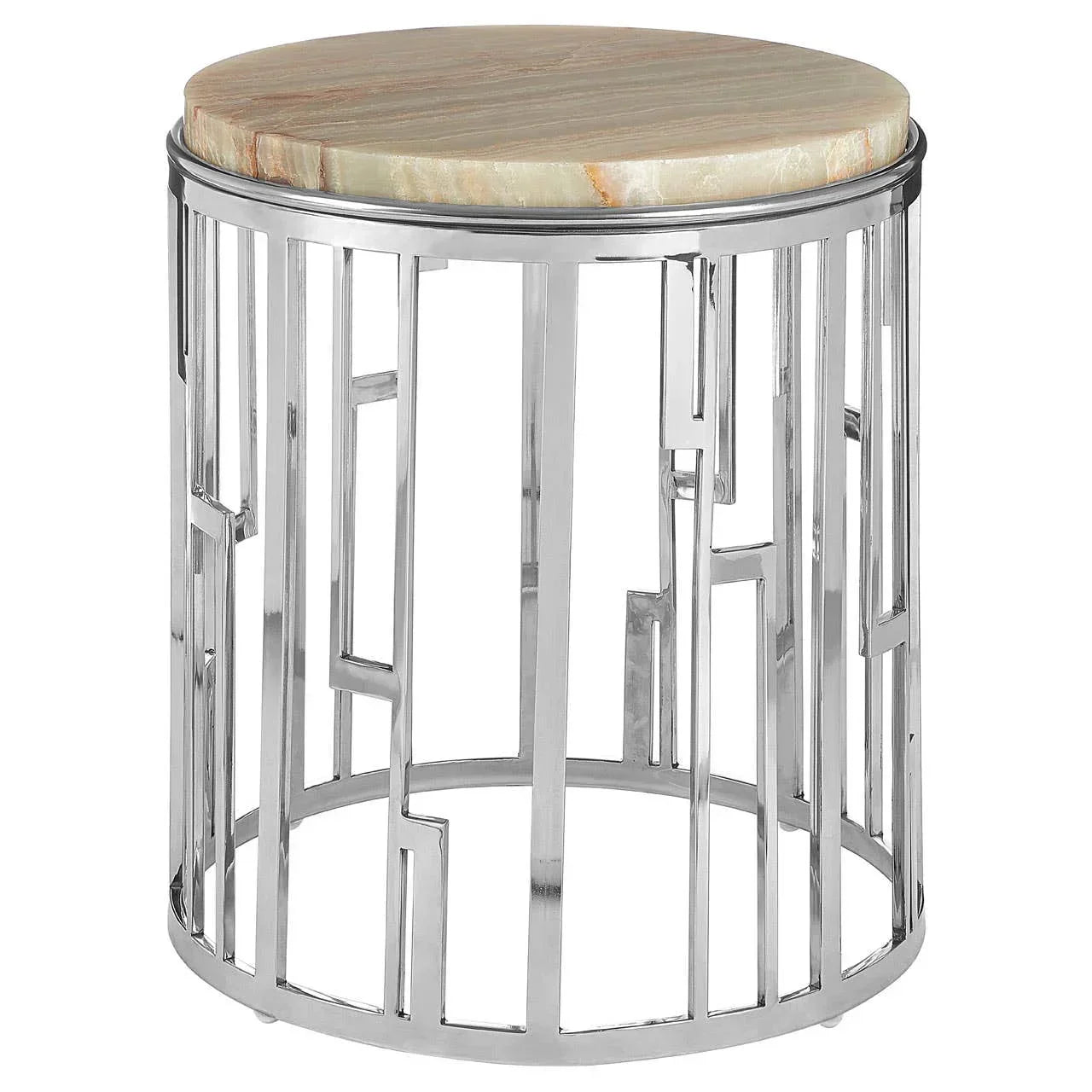Round side table with geometric chrome base and light stone top
