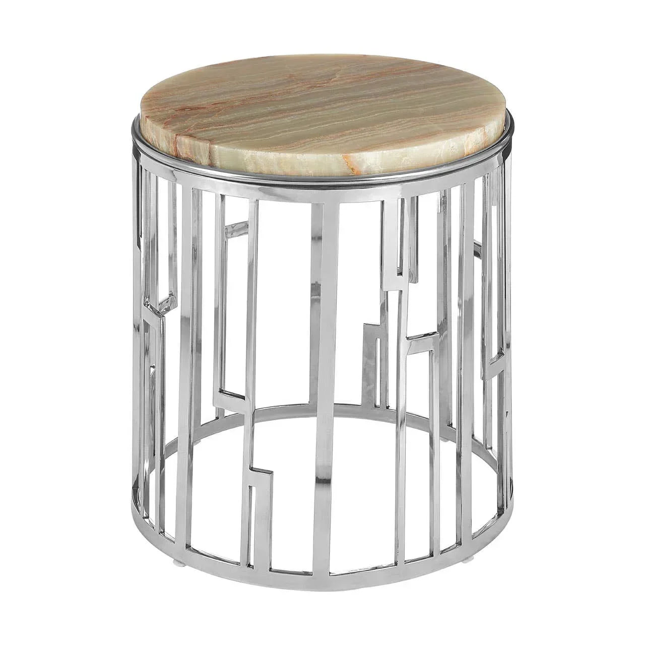 Round side table with marble top and geometric chrome frame