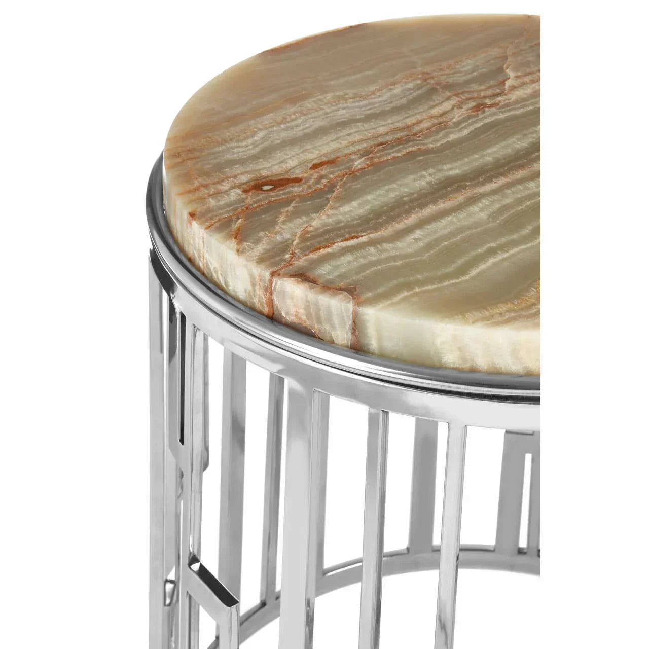 Round side table with polished marble top and chrome metal frame, close detail view