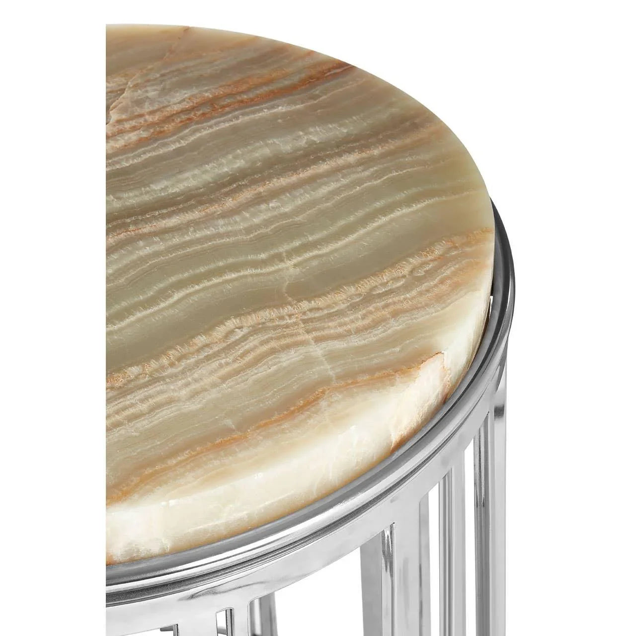Round marble side table with metal legs, closeup of stone top and chrome finish frame