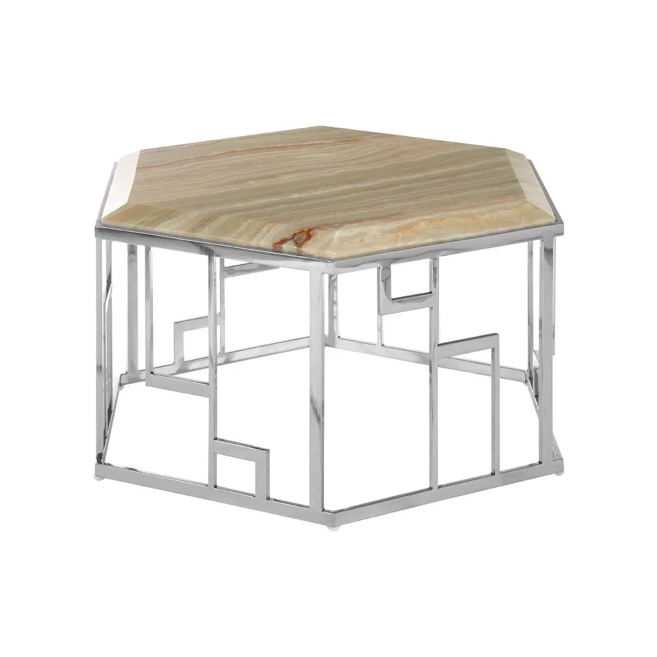 Hexagonal marble coffee table with chrome metal geometric base