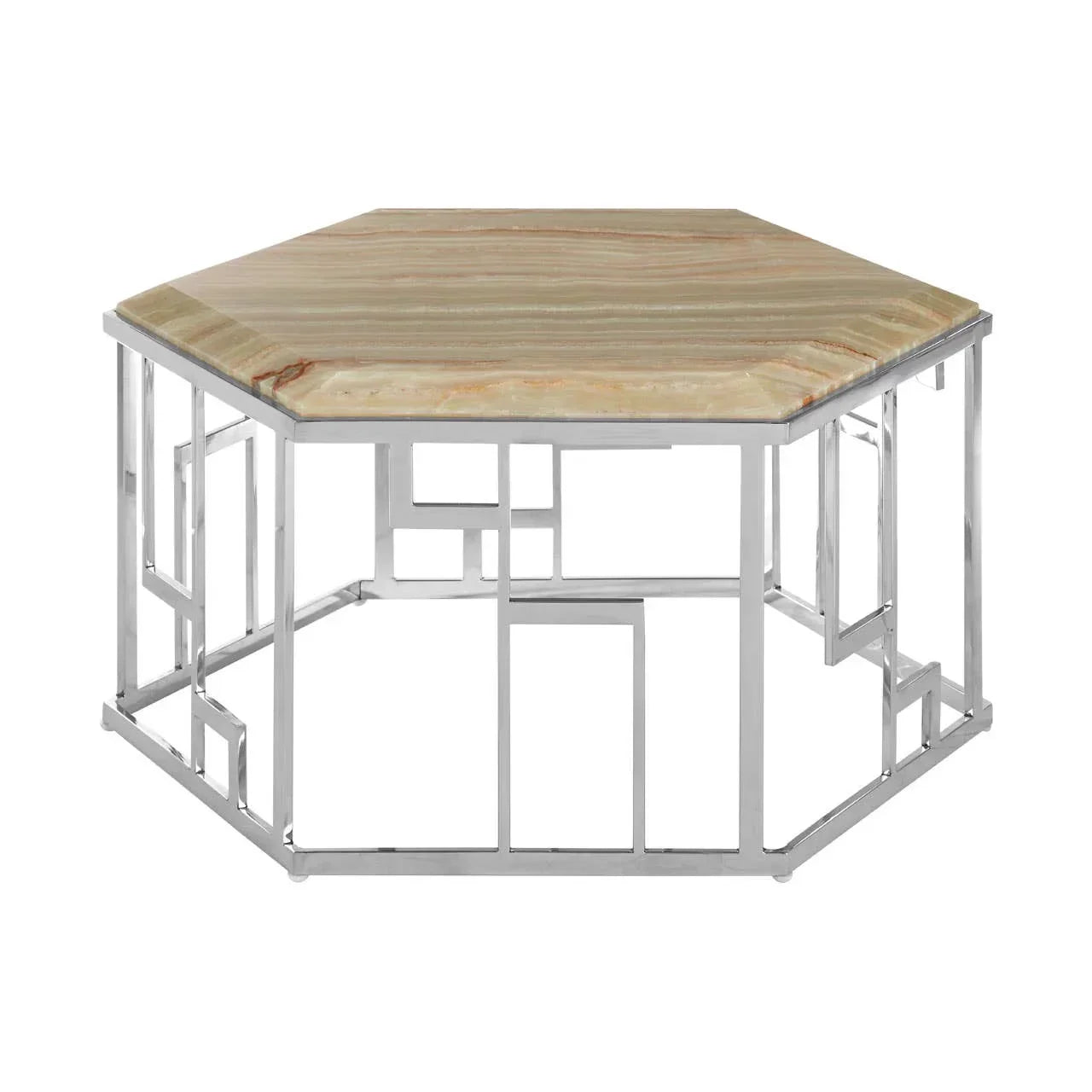 Hexagonal marble coffee table with chrome geometric metal frame