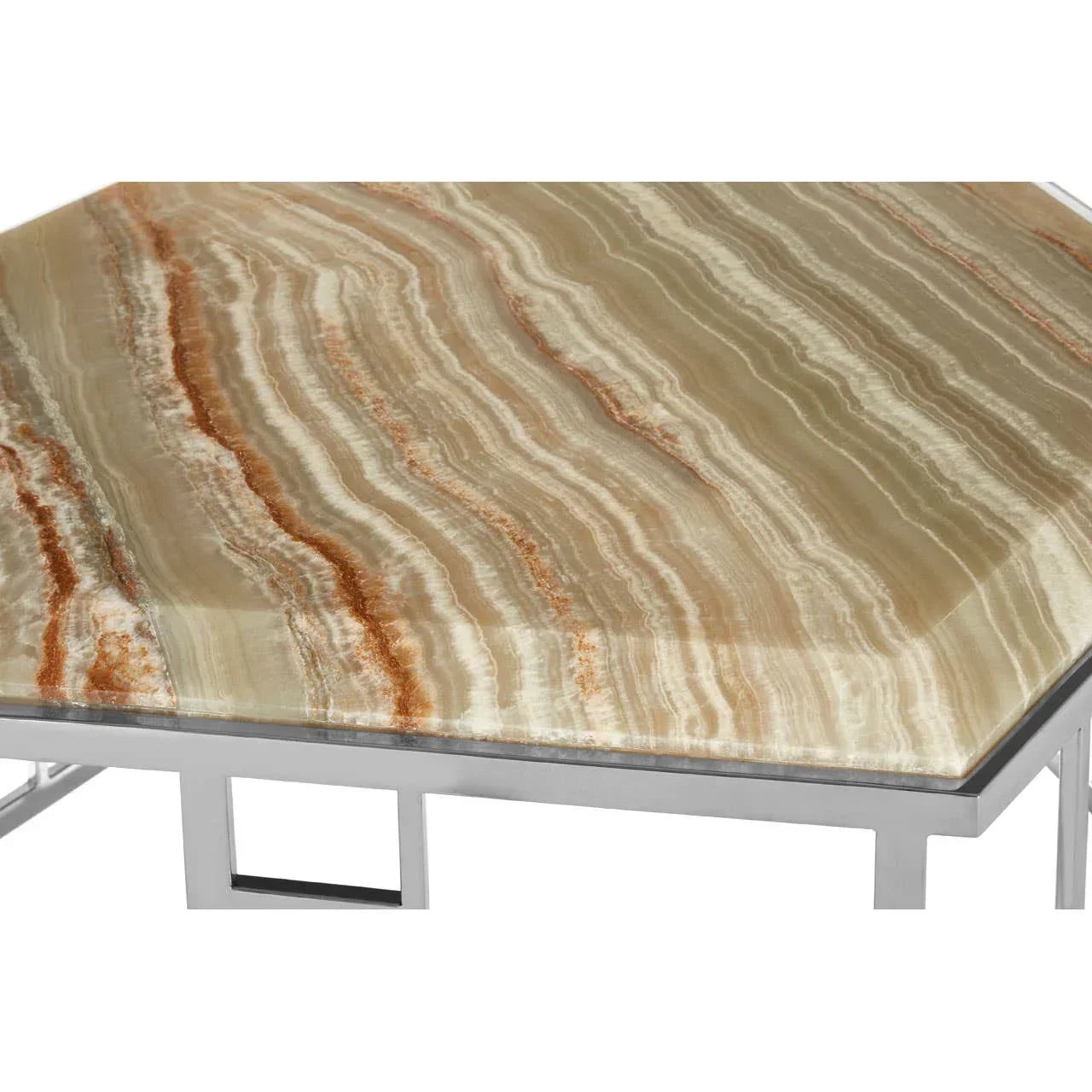 Rectangular marble coffee table with beige and brown veins and chrome metal frame detail