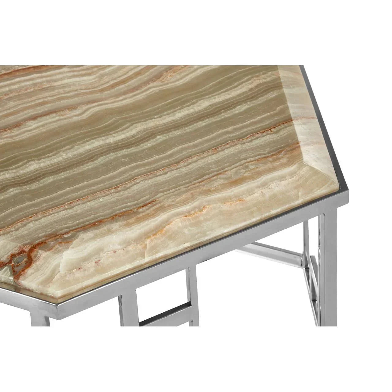 Corner view of marble top coffee table with chrome metal frame