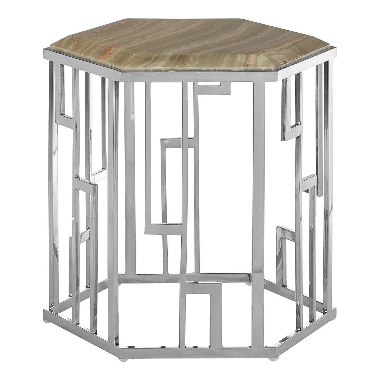 Hexagonal side table with marble top and geometric chrome metal base