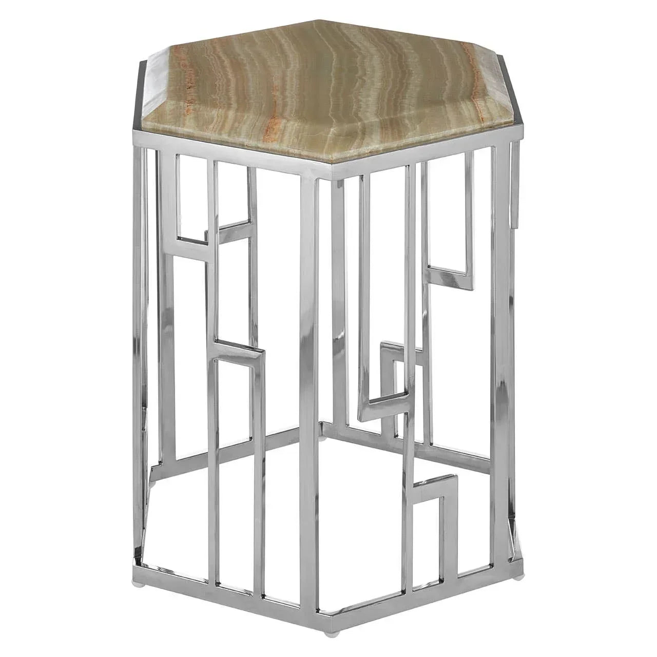 Hexagonal side table with stone top and chrome geometric metal frame