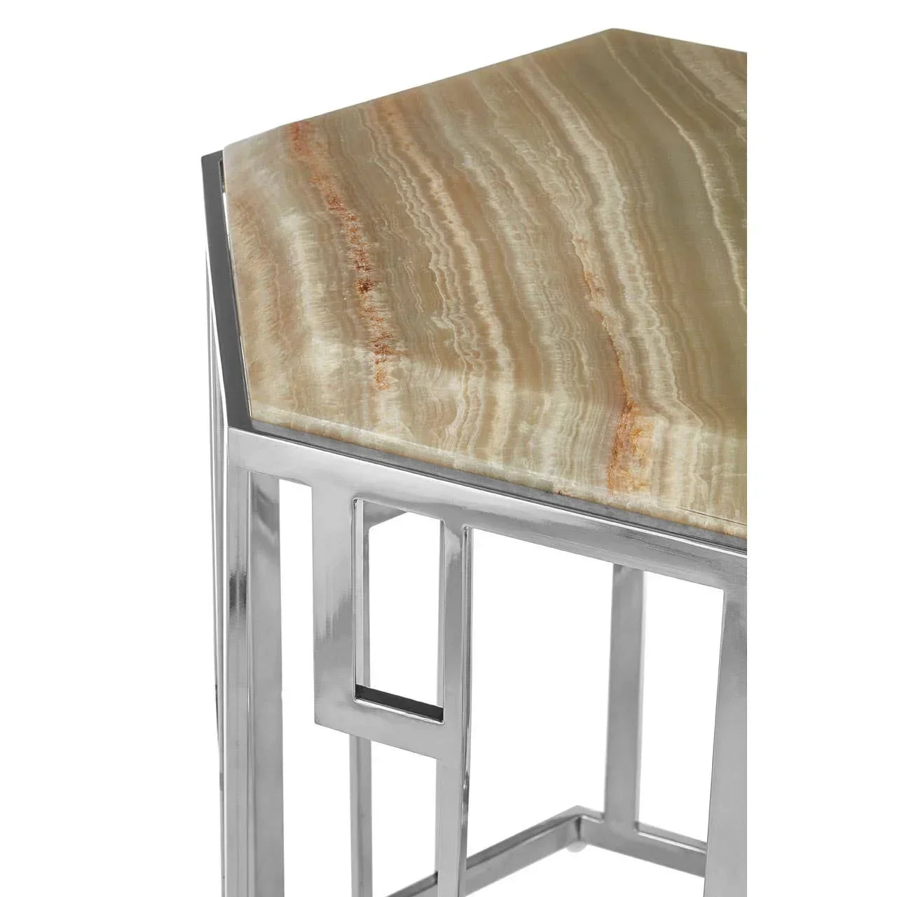 Hexagonal side table with polished metal frame and beige marble top