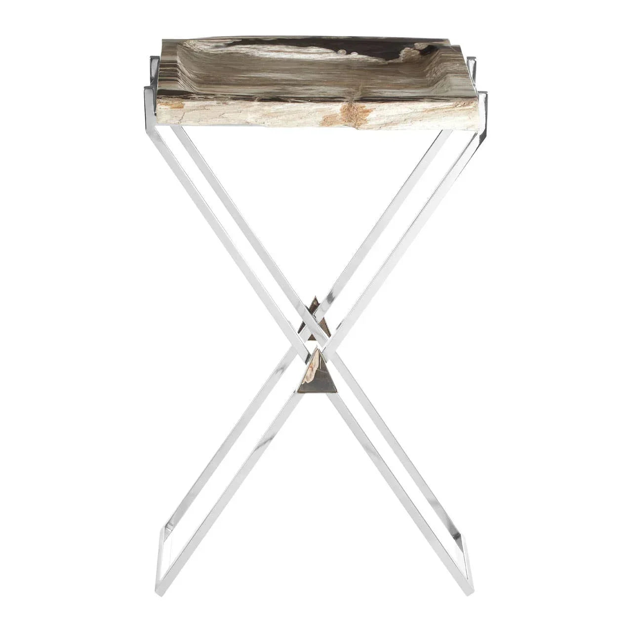 Modern side table with natural wood top and chrome crossed metal legs