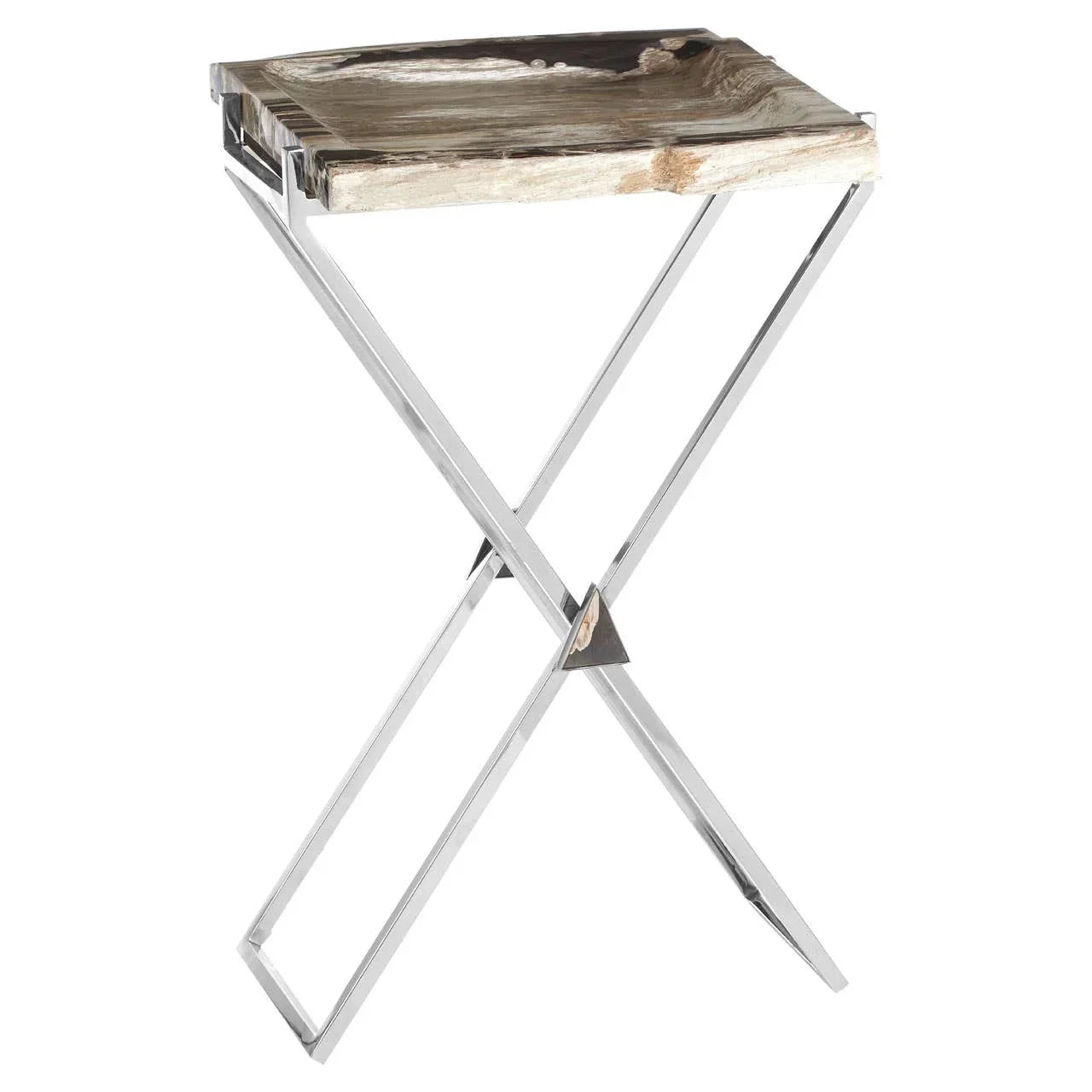 Modern side table with natural wood top and chrome crossed metal legs