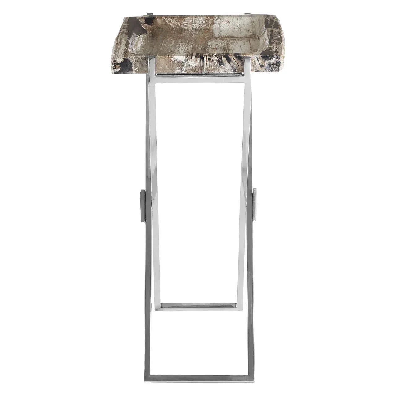 Live edge wood and metal side table with modern square base, front view