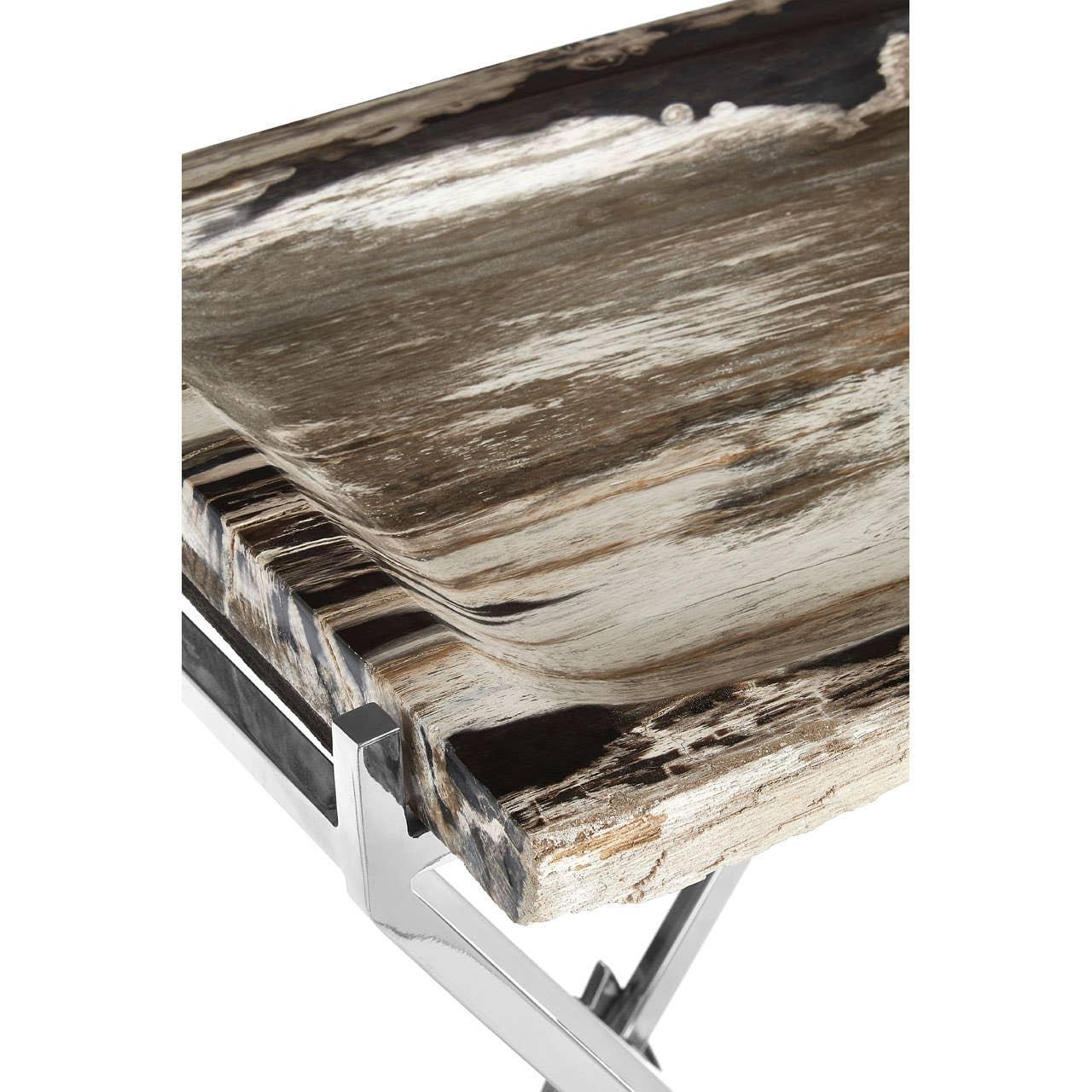 Live edge wood dining table with chrome metal legs, close-up corner detail