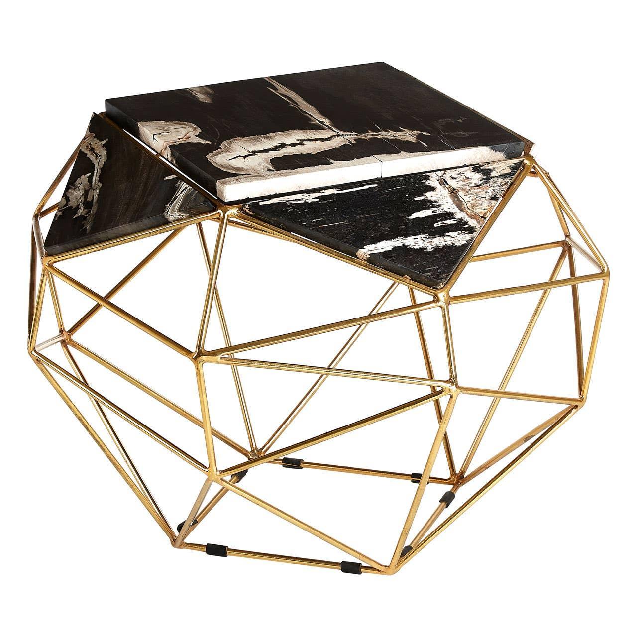Geometric gold metal side table with black marble top and angular frame