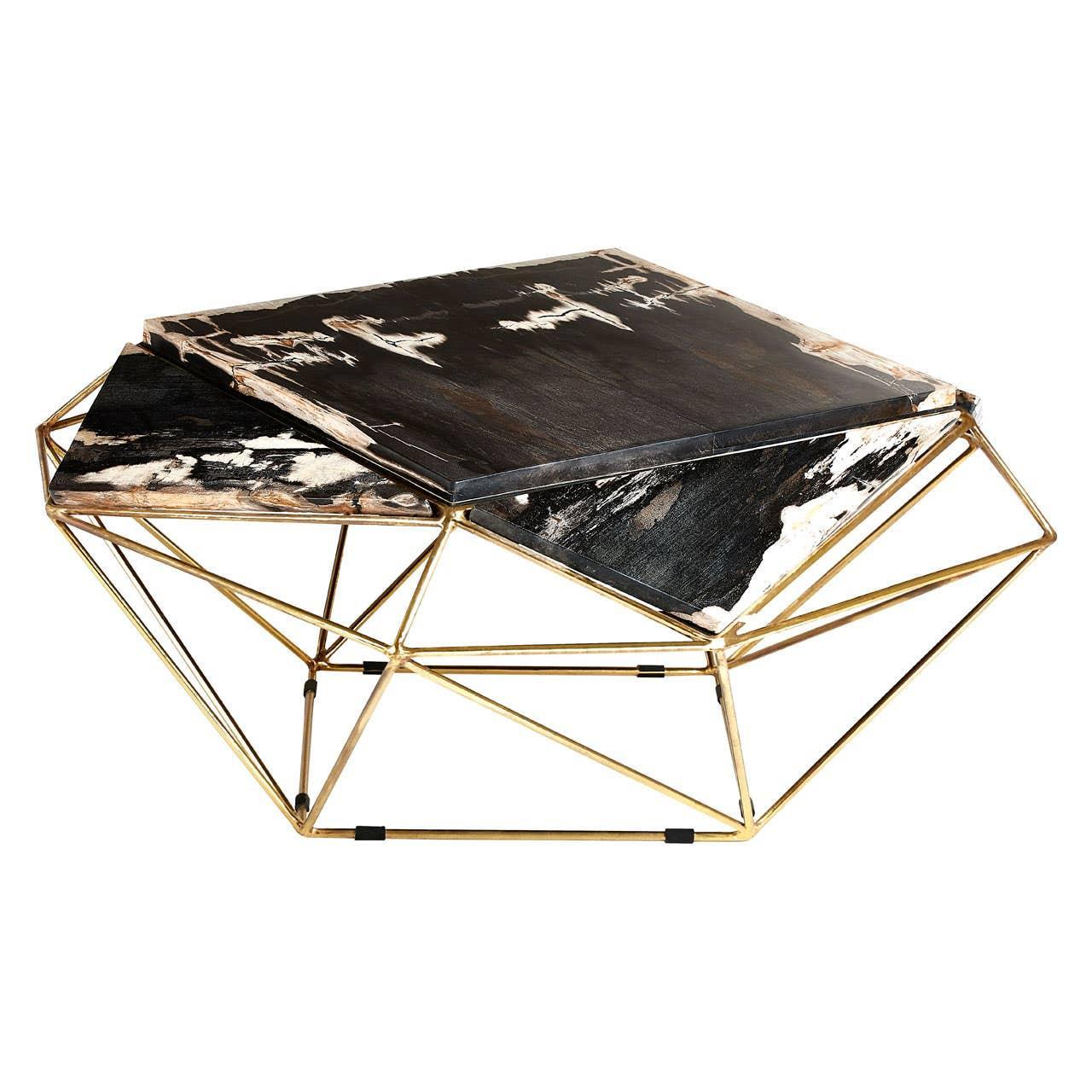 Geometric metal coffee table with black and white marble top and gold frame