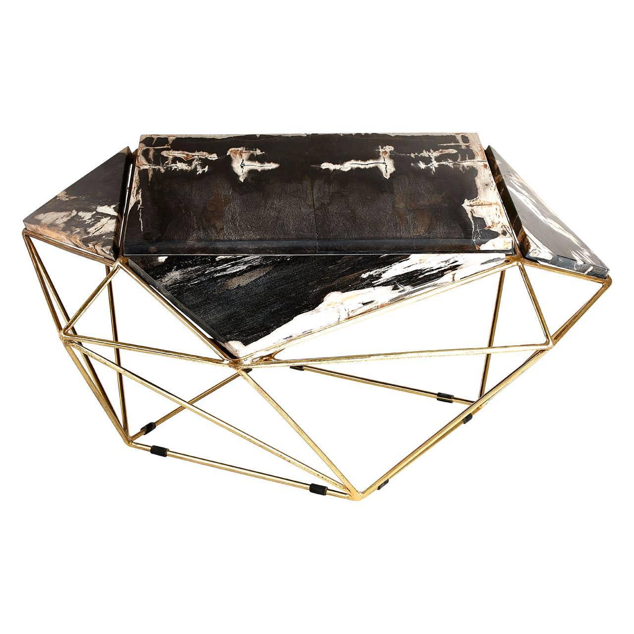Geometric console table with gold metal frame and black marble-effect top