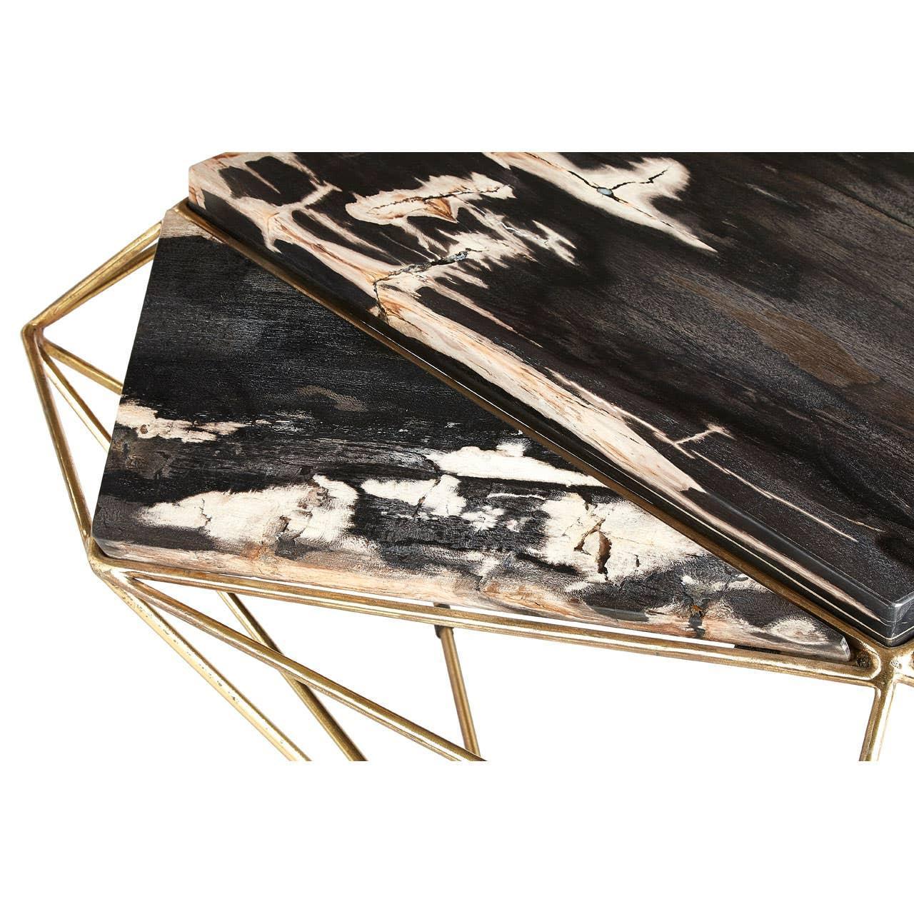 Set of two nesting tables with dark wood tops and gold geometric metal legs