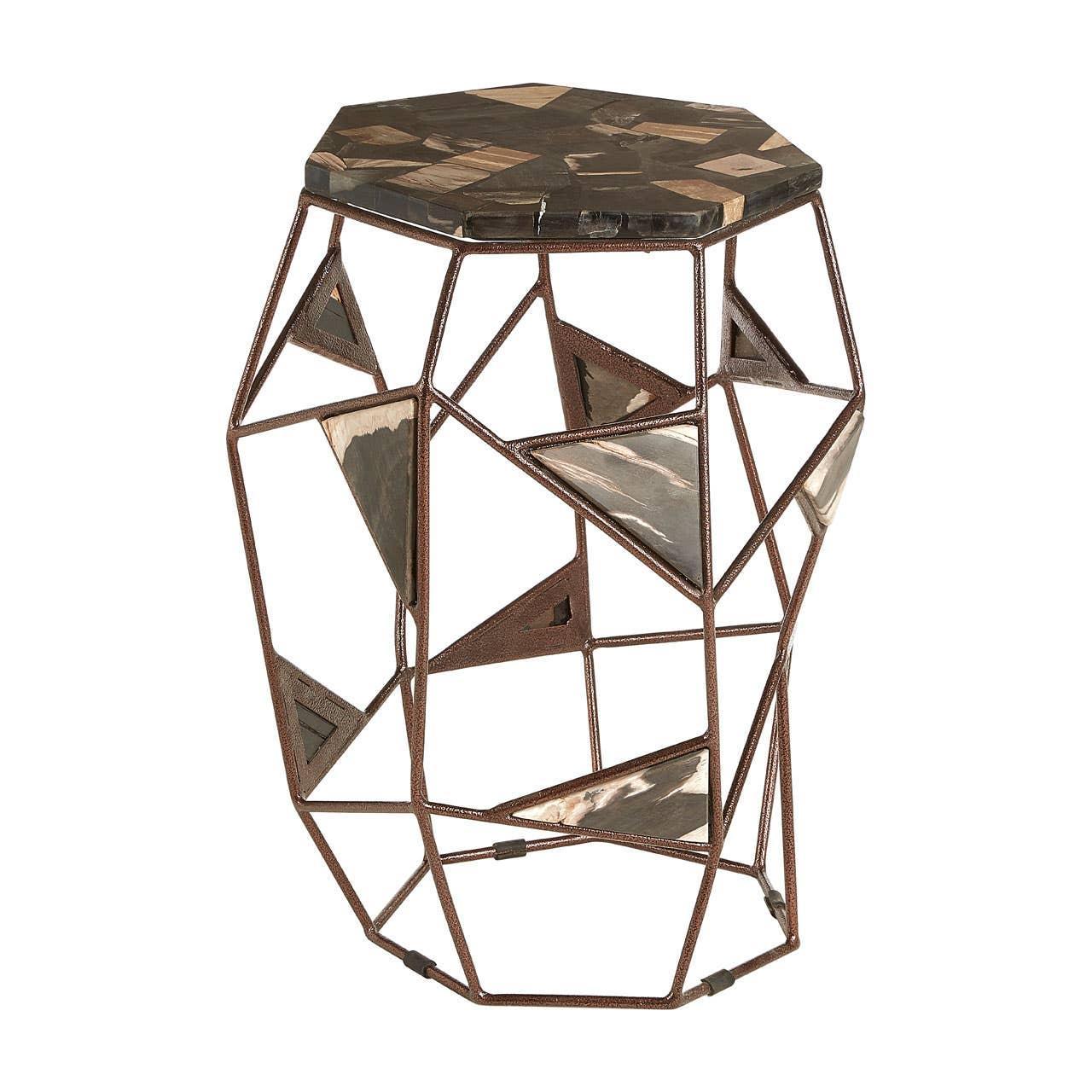Geometric metal and wood side table with hexagonal top and abstract openwork base