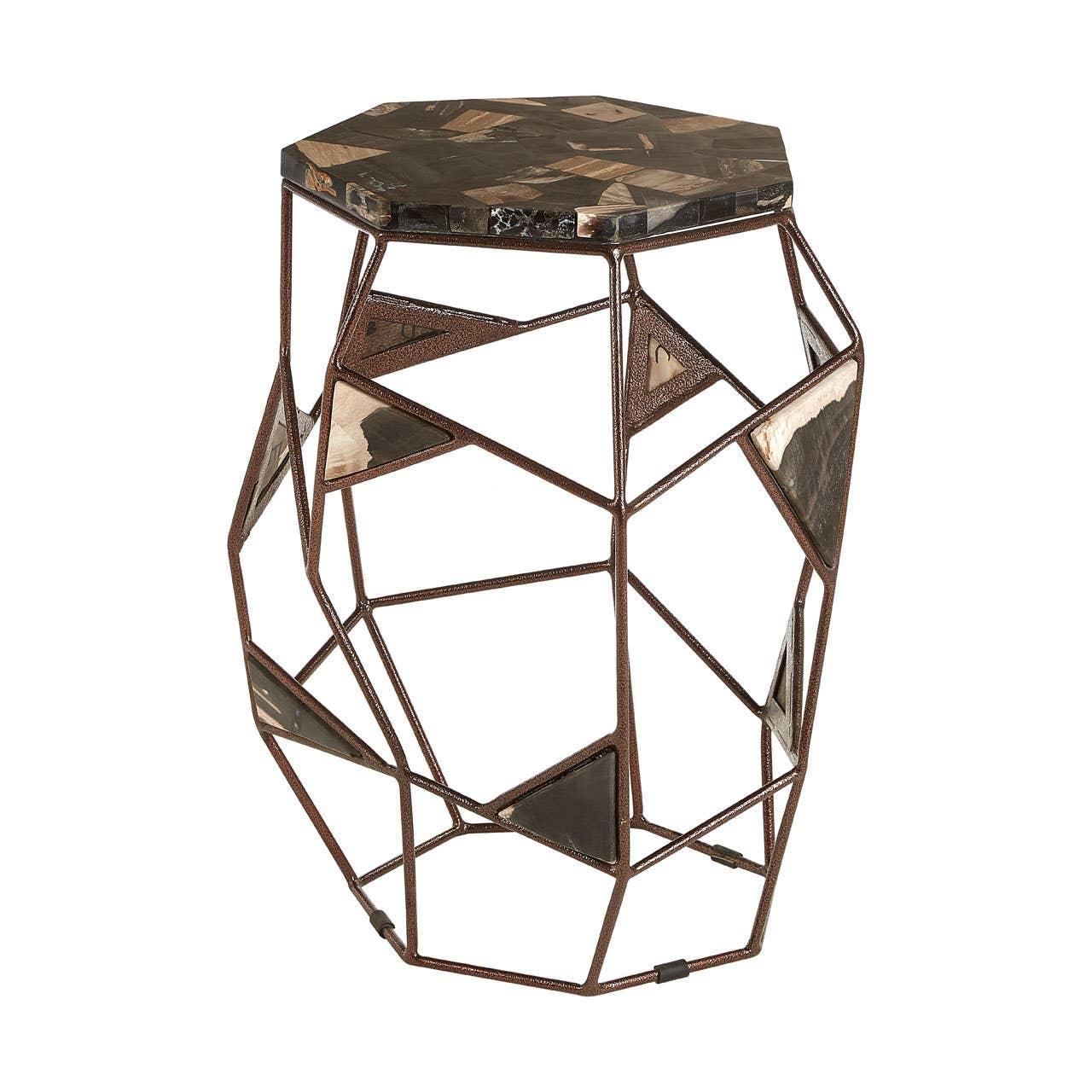 Geometric metal side table with octagonal marble top and bronze finish