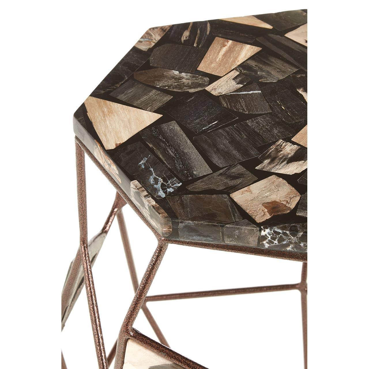 Hexagonal side table with mosaic stone top and geometric metal legs
