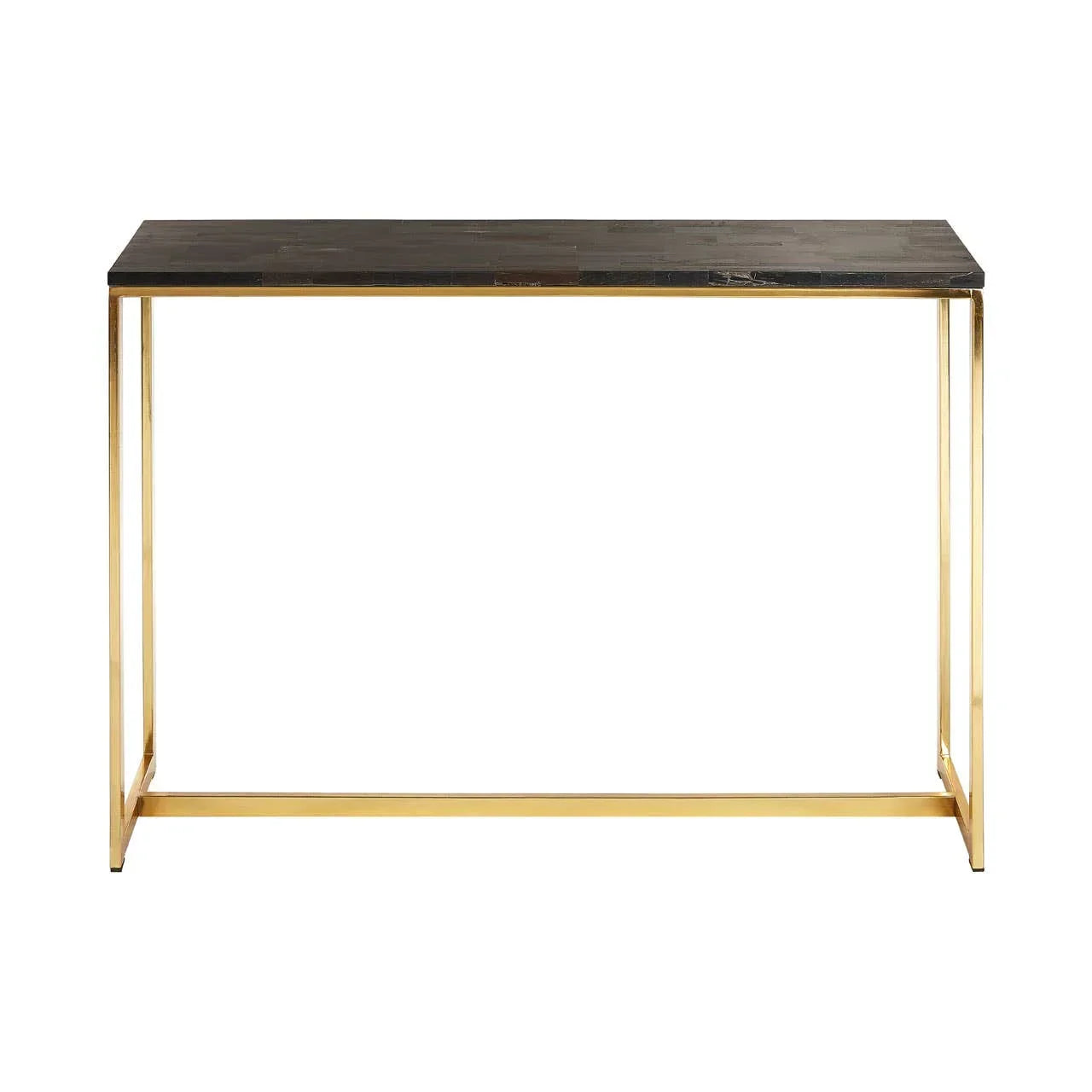 Modern console table with dark wood top and gold metal frame, front view