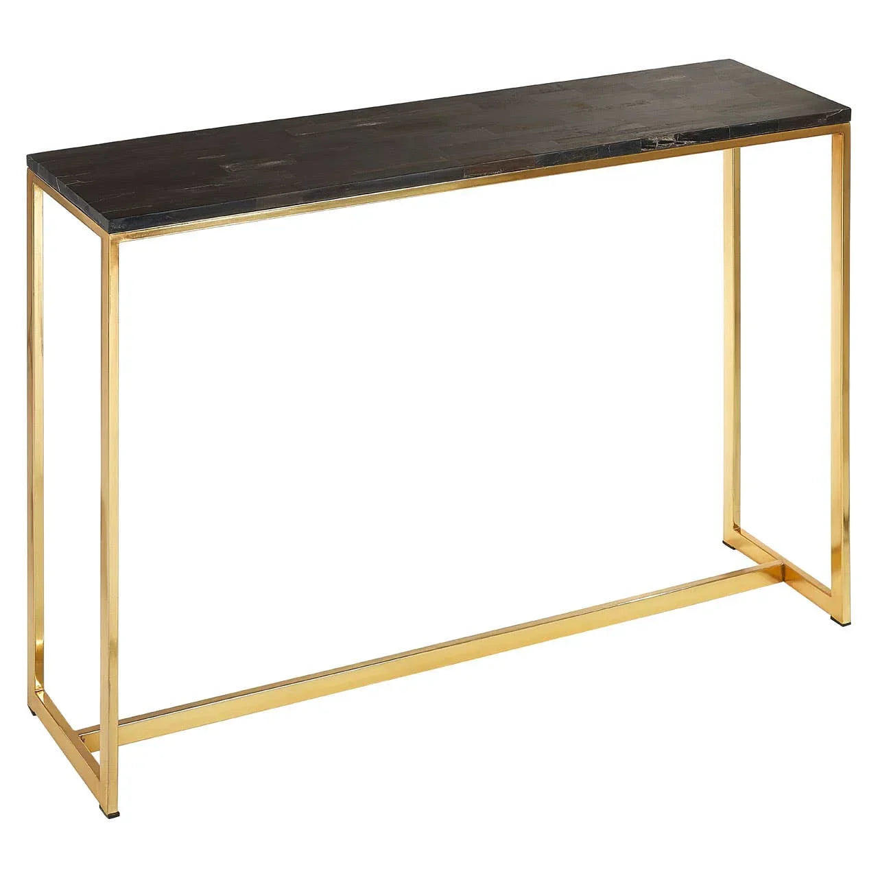 Black console table with gold metal frame and rectangular top, side angle view