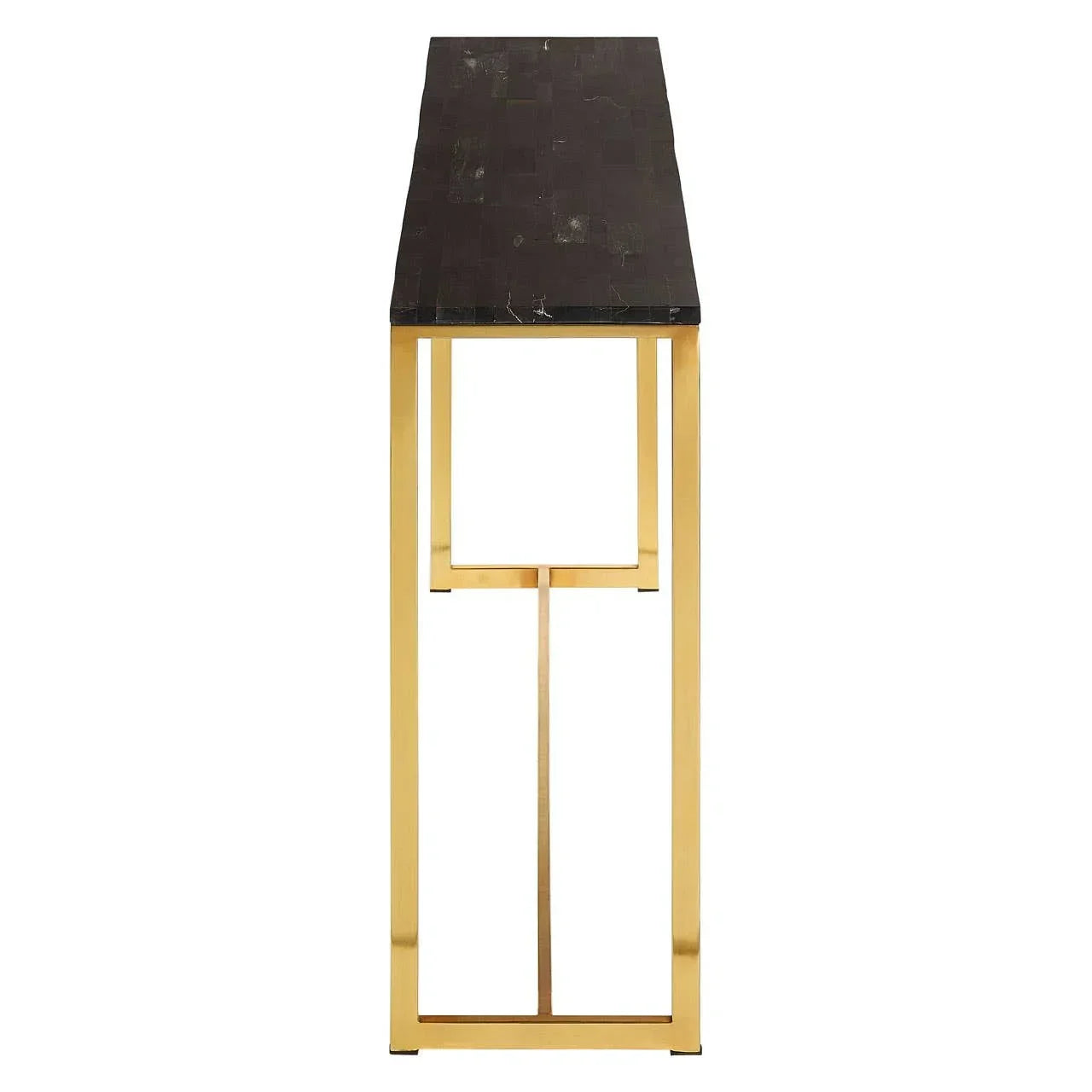 Narrow console table with black marble top and gold metal frame, side profile view