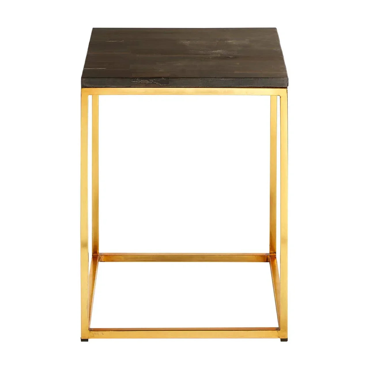 square side table with black wood top and gold metal frame, front view