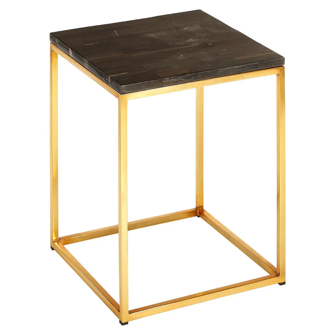 Square side table with dark wood top and gold metal frame