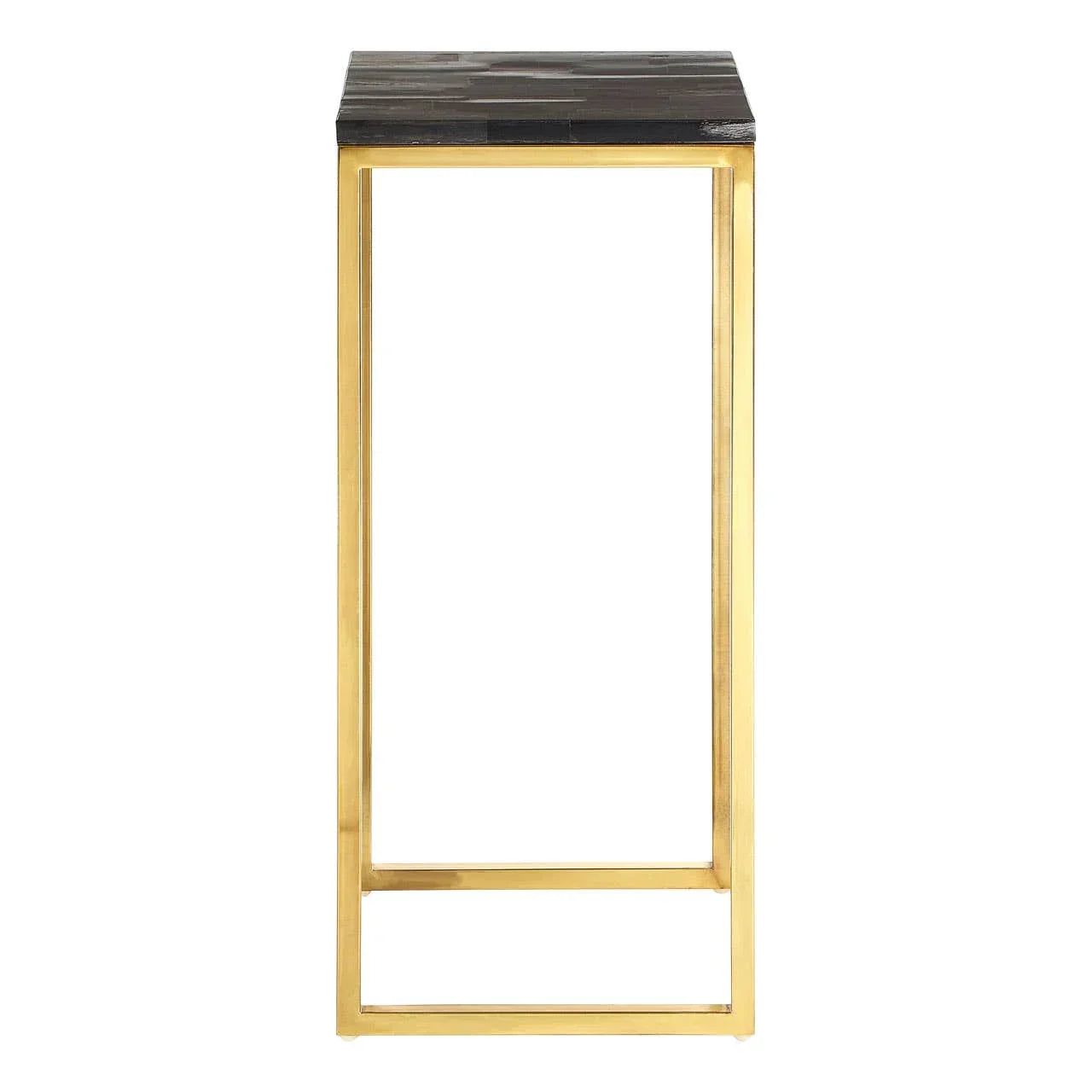 Black wood side table with gold metal frame, narrow design, front angle view