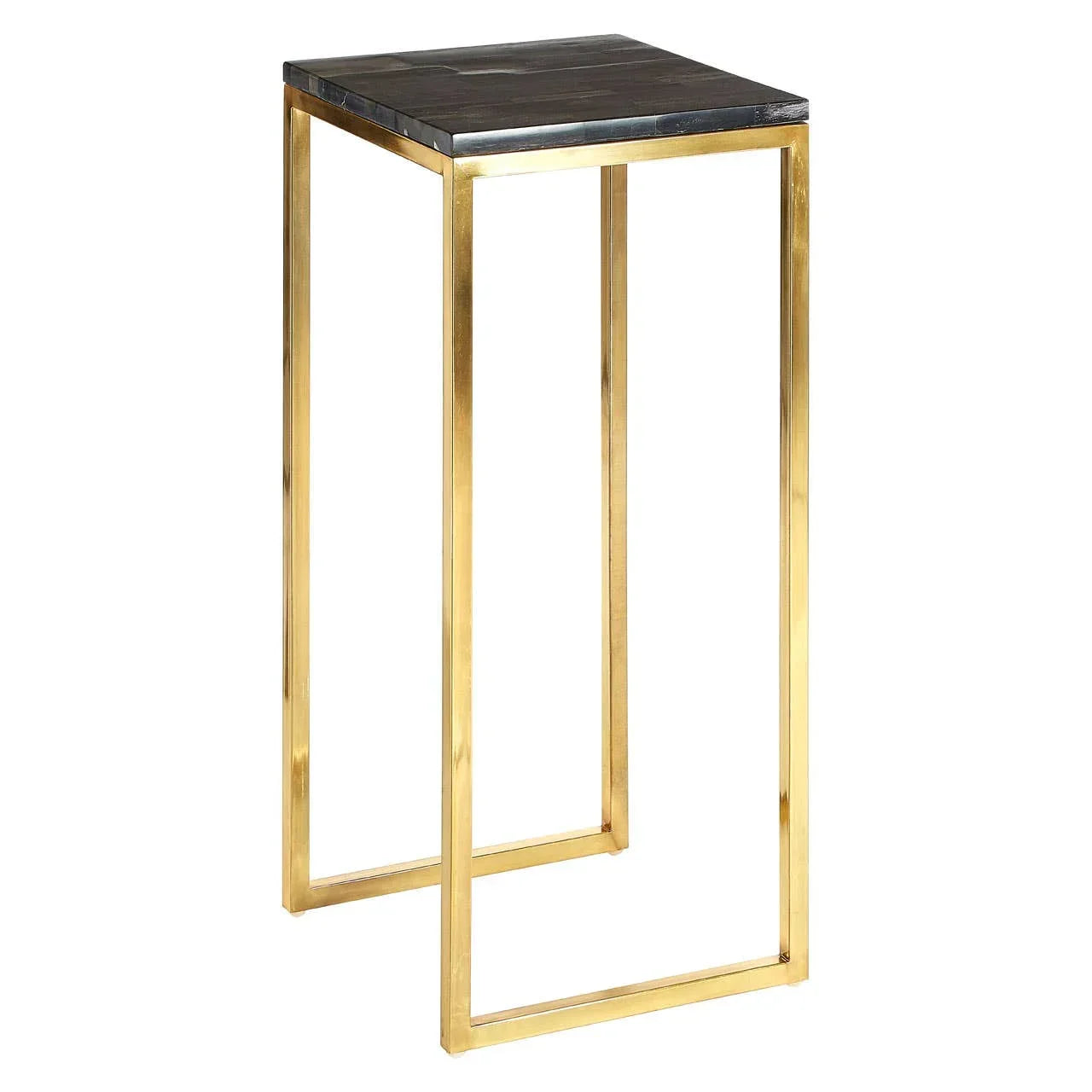 Gold metal side table with black square top and minimalist open frame