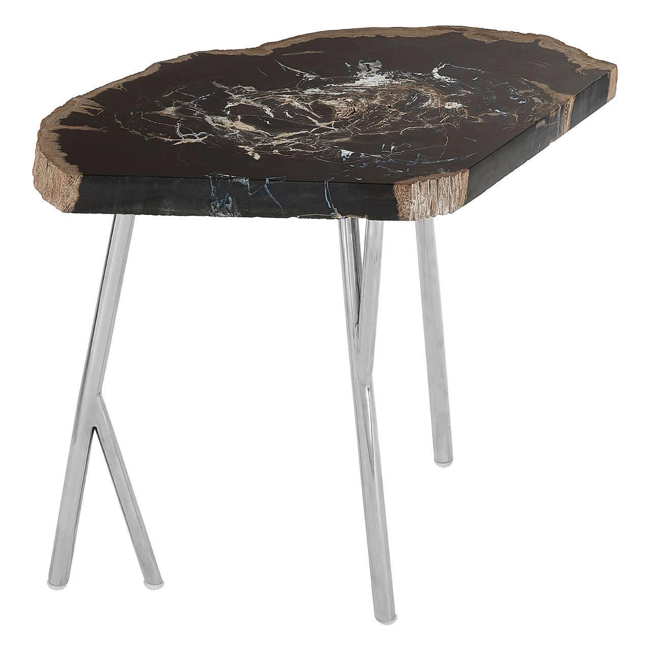 Petrified wood side table with polished chrome legs and irregular natural edge