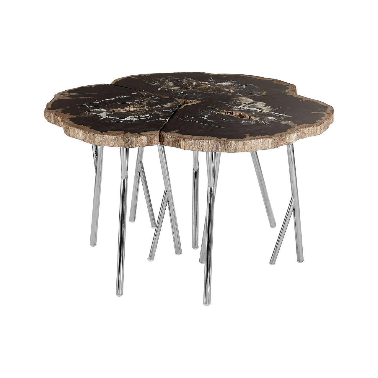Set of three petrified wood coffee tables with chrome legs and natural edge finish