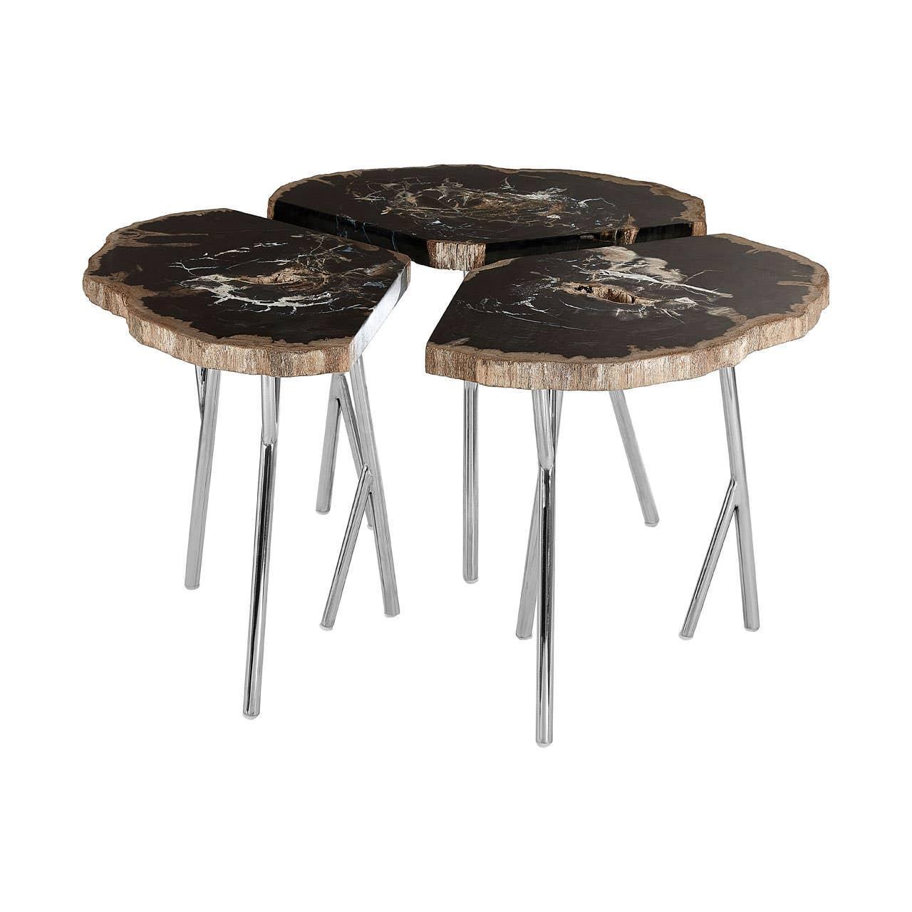 Set of three black marble effect nesting tables with chrome legs, natural edge design