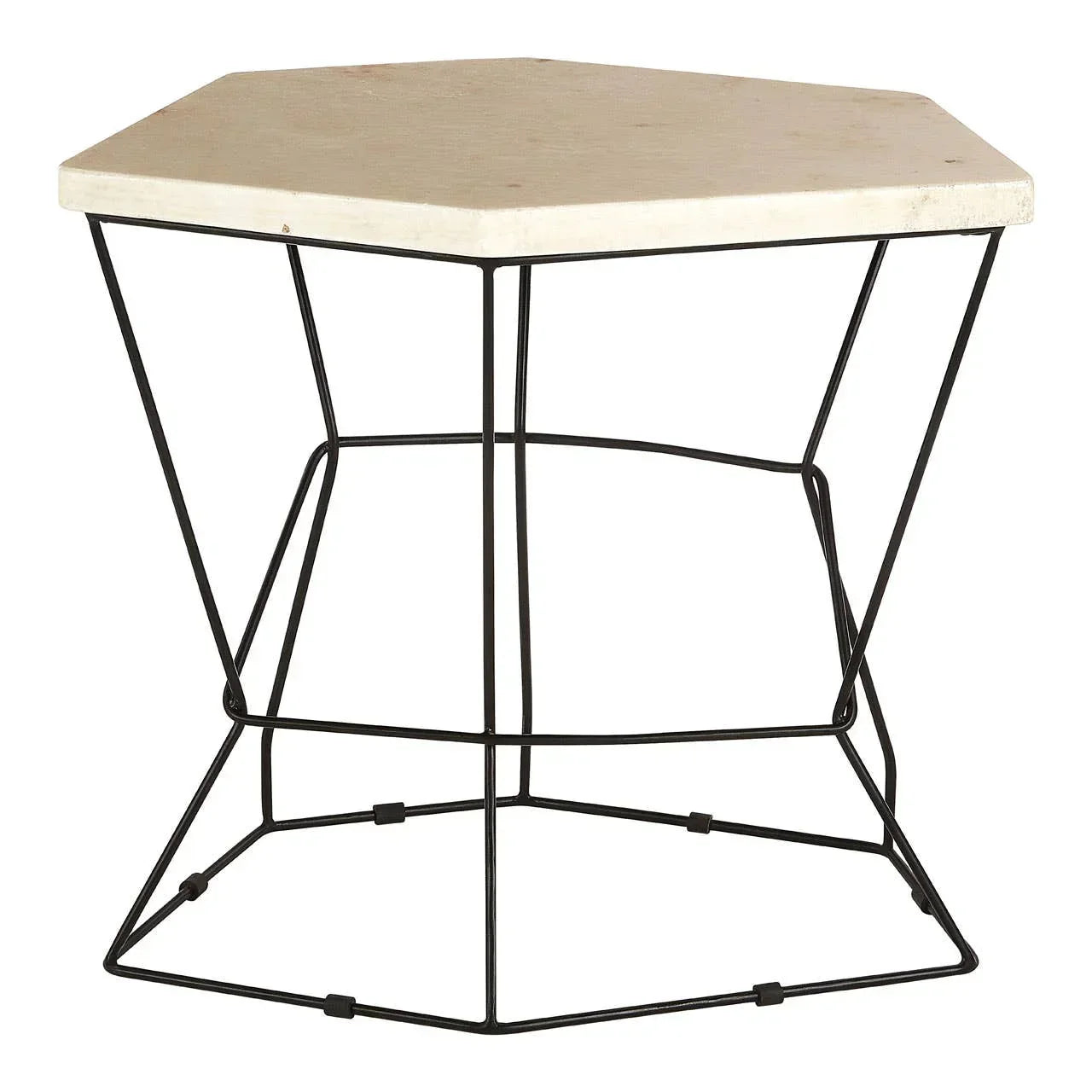 Hexagonal side table with cream stone top and black metal wire frame