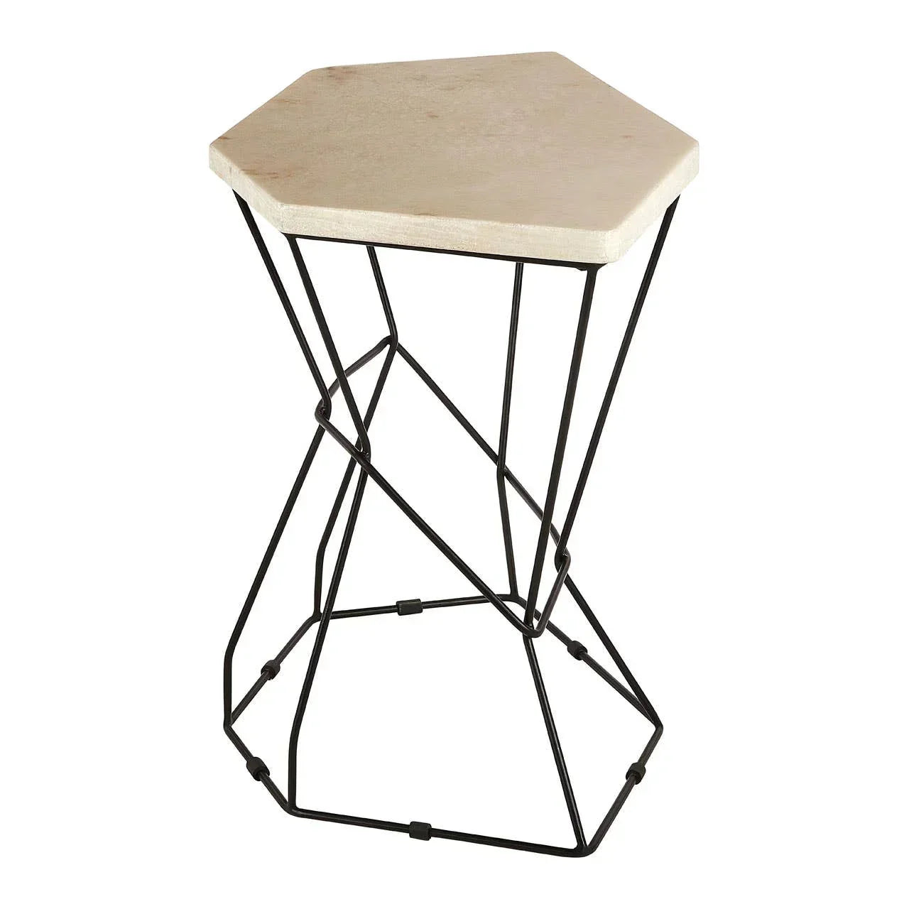 Hexagonal side table with light stone top and geometric black metal frame