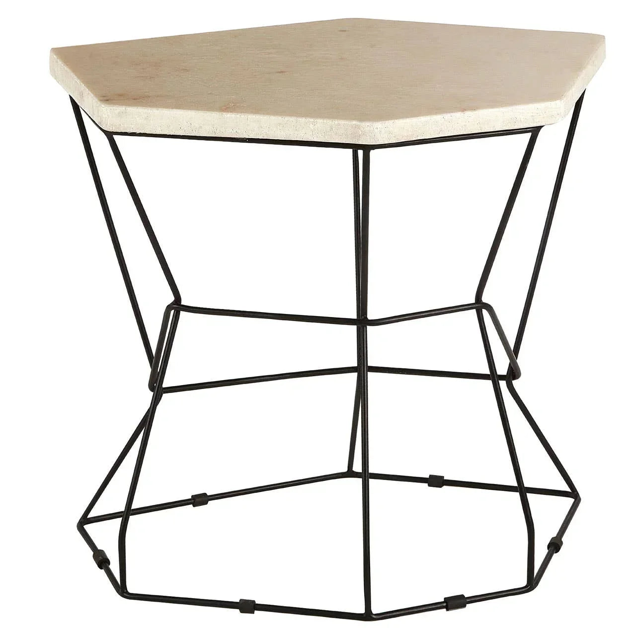 Pentagon side table with beige stone top and black metal geometric frame