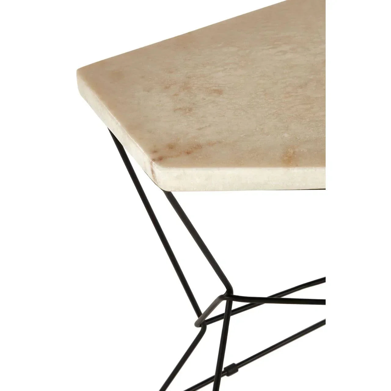 Close up of marble tabletop with angular black metal frame accent table