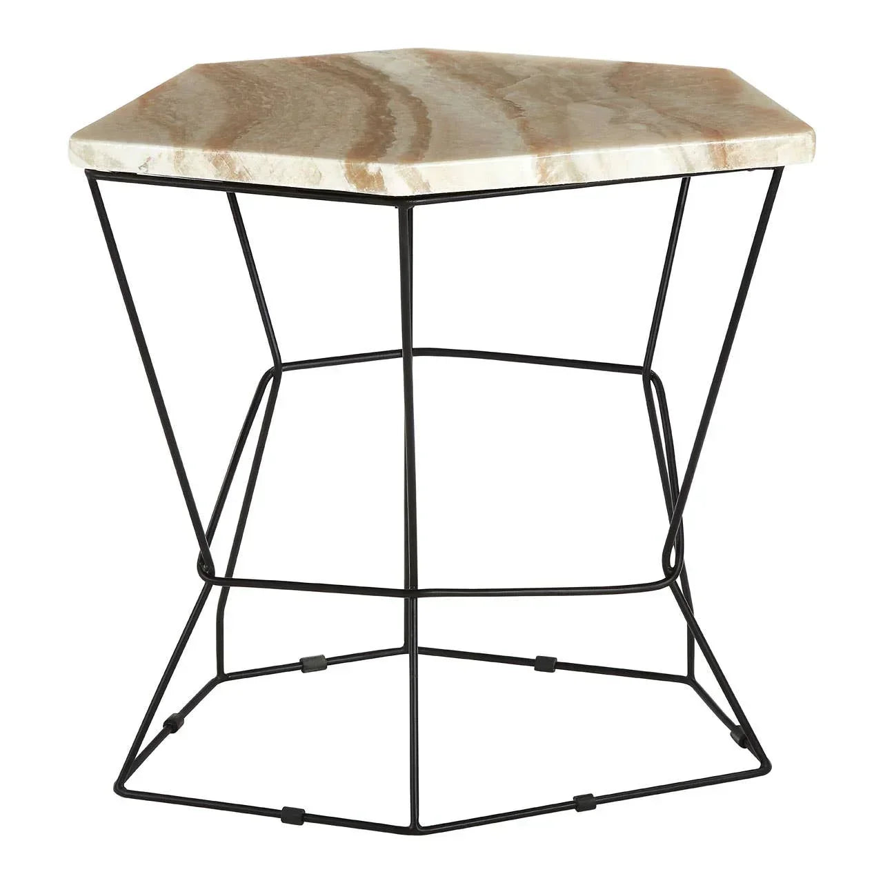 Hexagonal marble top side table with black wire metal frame