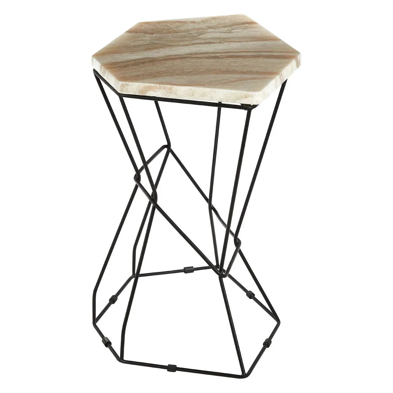 Hexagonal marble side table with black geometric metal frame