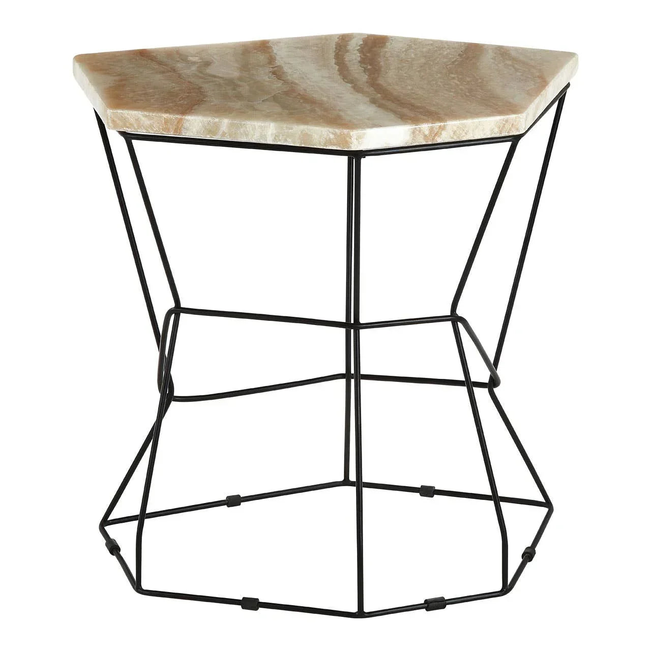 Hexagonal marble side table with black metal wire frame