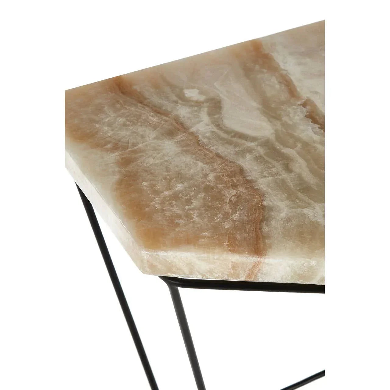Corner of marble top side table with metal legs, beige and brown veining detail