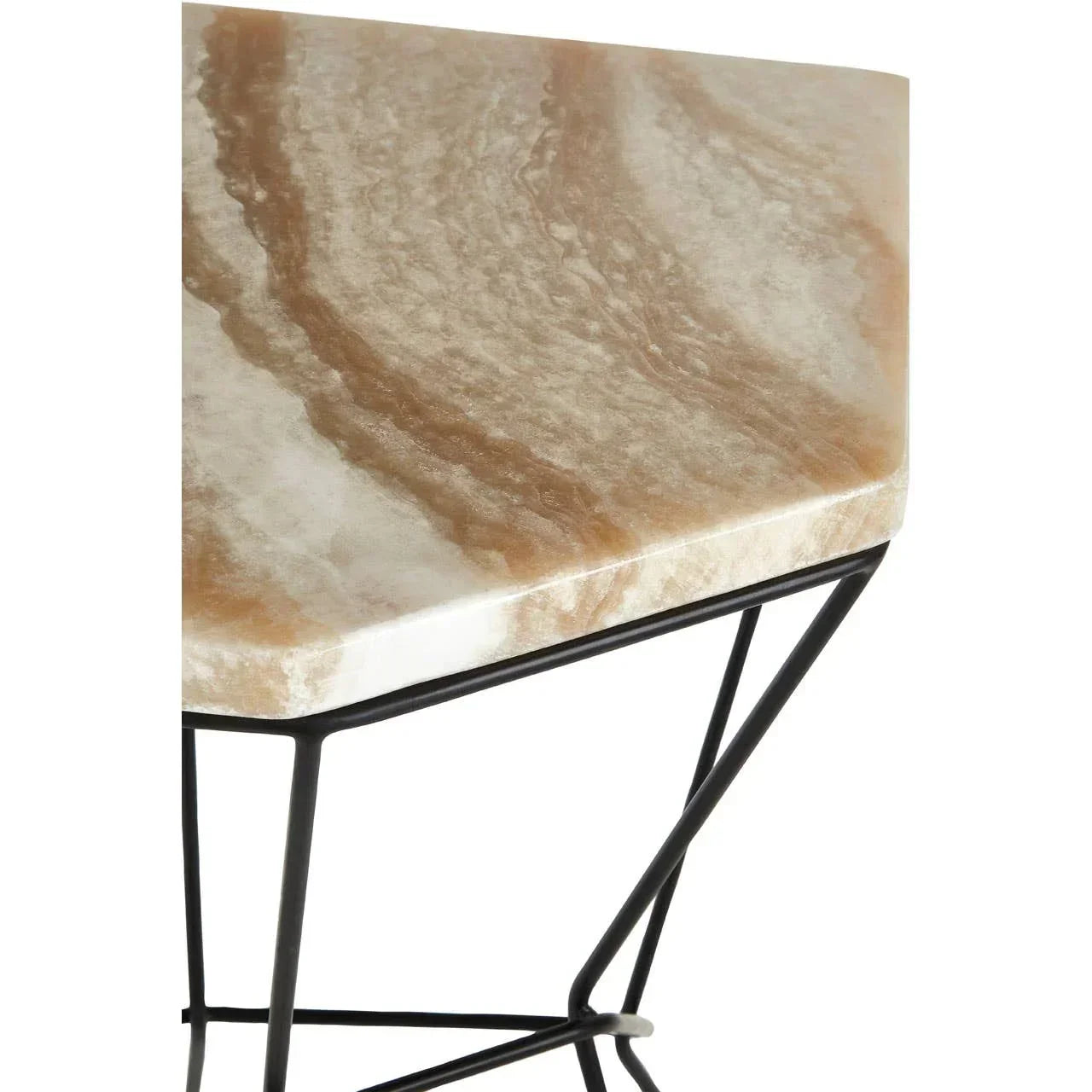 Marble top side table with brown veining and black metal geometric legs, close-up view