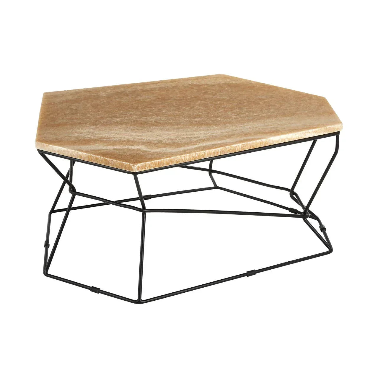 Hexagon coffee table with tan marble top and black geometric metal frame