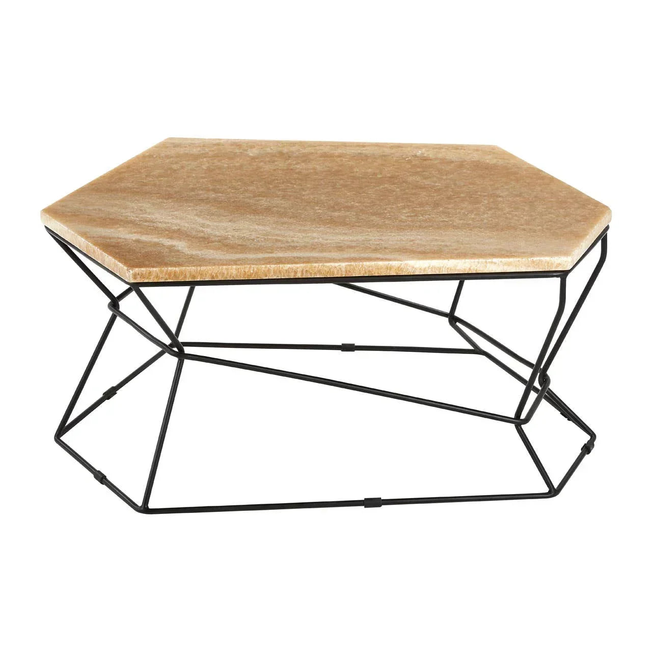 Hexagonal marble coffee table with black metal geometric frame