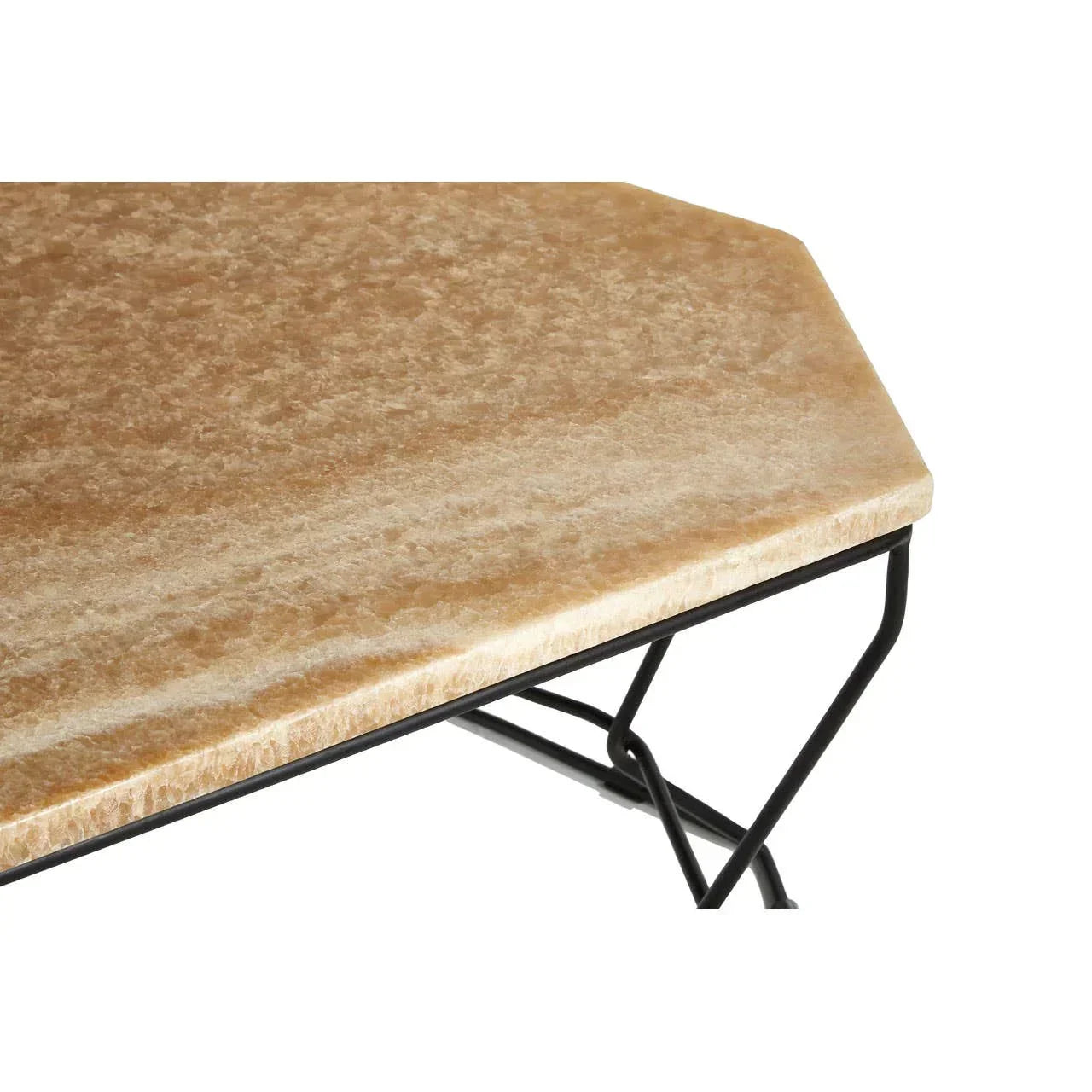Brown marble coffee table top with angled black metal legs, close-up view
